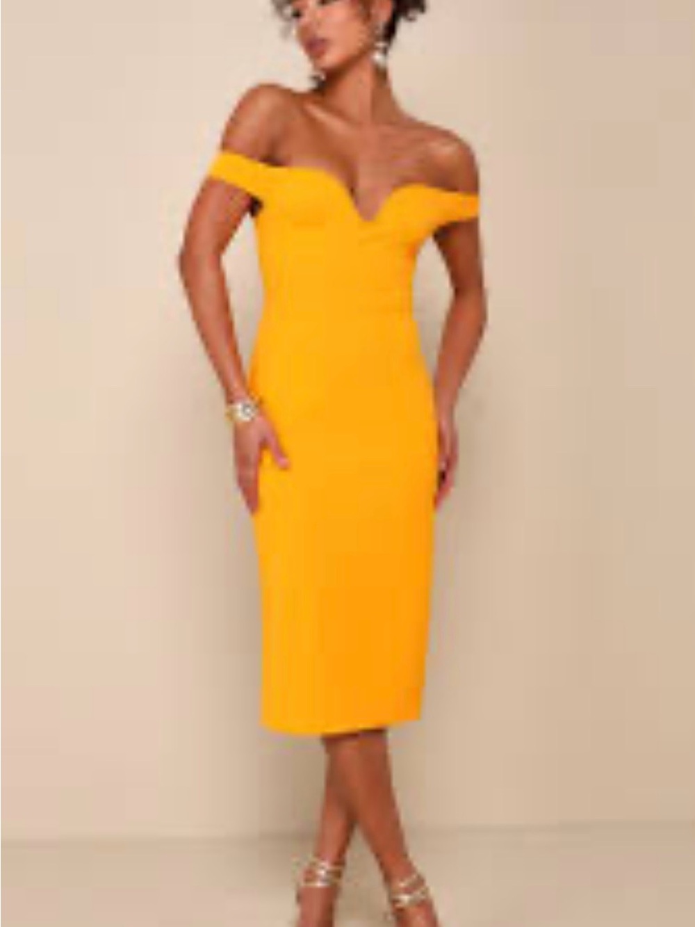 Lulus Soirée Favorite Golden Yellow Off-the-shoulder Midi Dress